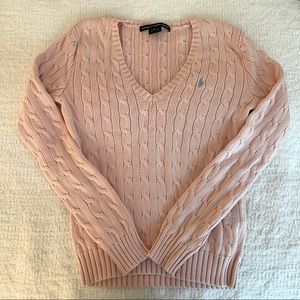 Pink Ralph Lauren vneck cable knit sweater